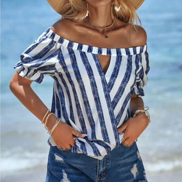 Classic Stripe Print Off Shoulder Cut Out Front Puff Sleeve Top Blouse Shirt - Picture 3 of 6